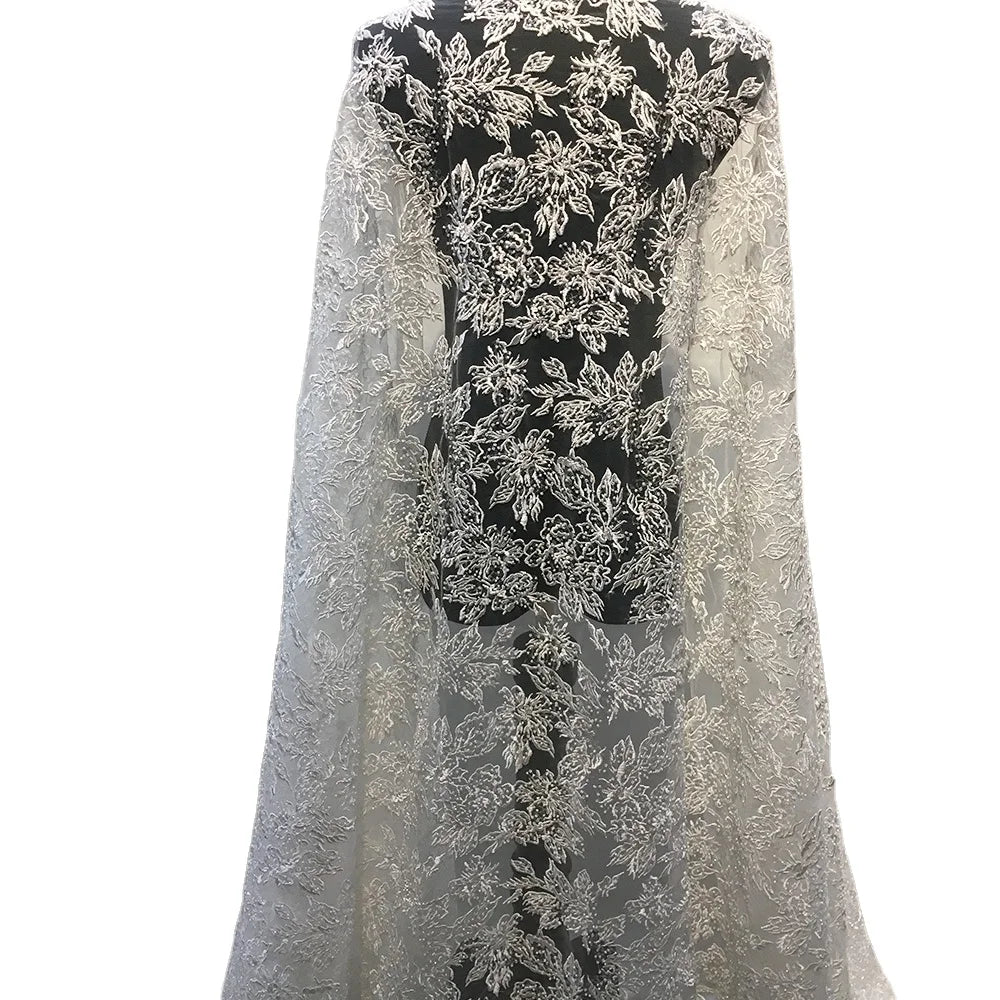 Custom Embroidery French Lace Fabric Ivory White Beaded Bridal Lace With Sequins Pearl for Women Dresses