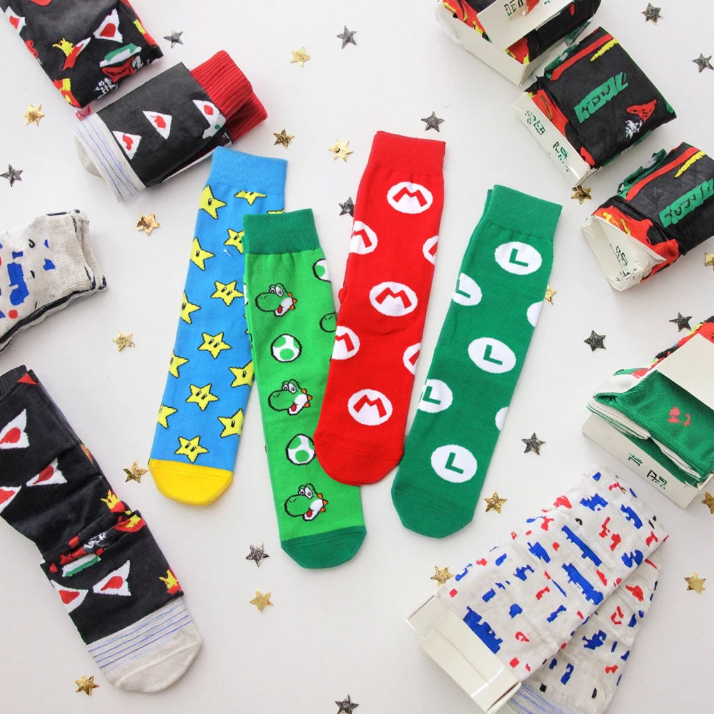Men's Women's Mid-Length Tidal Anime Inspired Cotton Socks Colorful Stars Mario Marie Game Pattern Soft Dress Crew Ankle Autumn