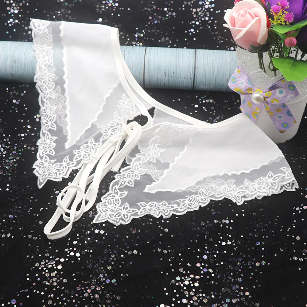 Front Tie White O-Neck Detachable Embroidery Flower White Organza Ladies Female Fake Collar for Dress Garment Accessories