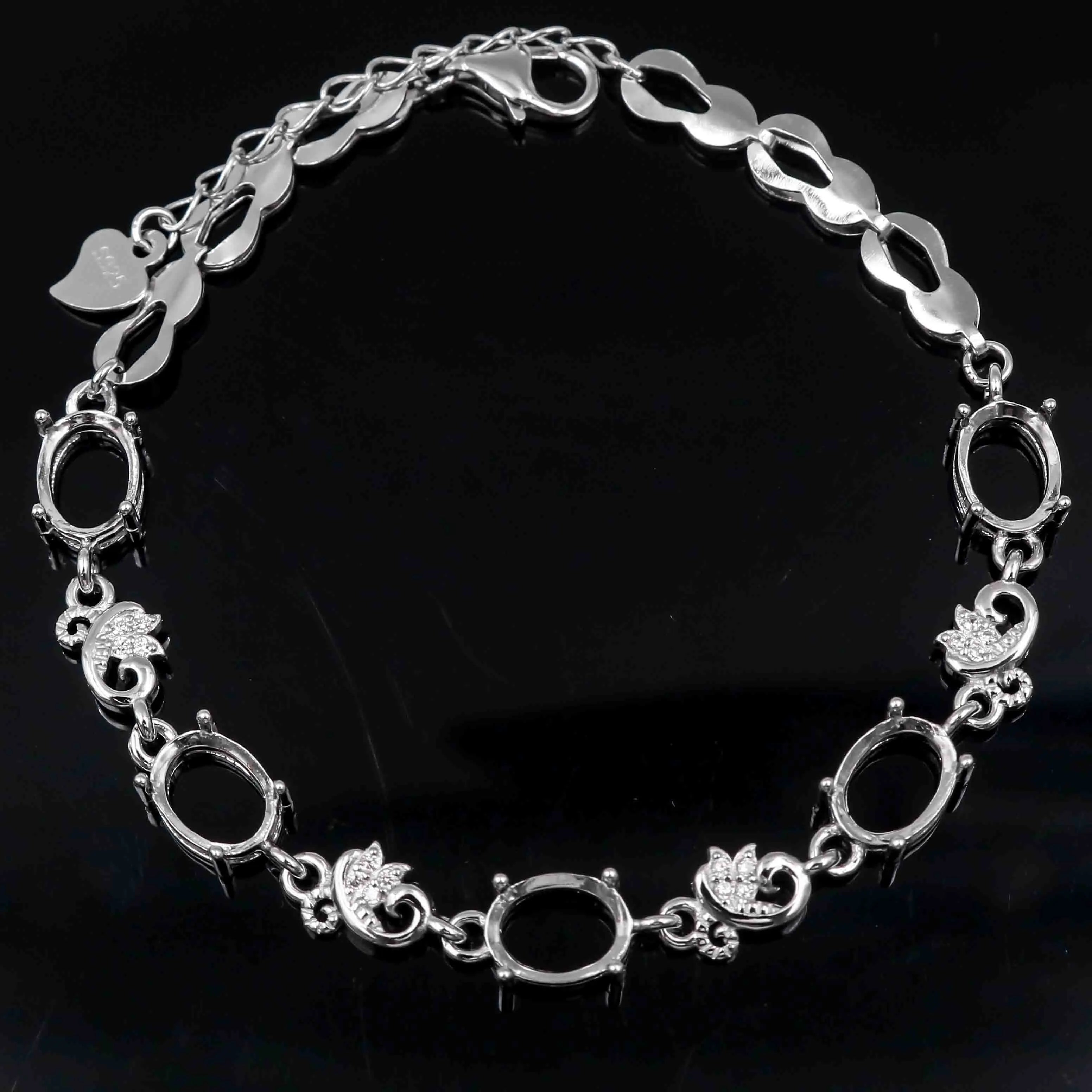 Sterling Silver 6*8mm Semi Mount Bracelet Blank Empty Support Mountain Setting S925 Base Holder Without Stone for DIY Inlay