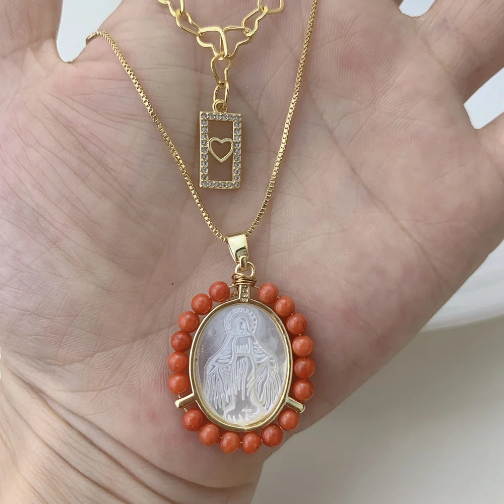 Medal Religious Virgin Mary Choker Necklace Multi Layered Chain Red Coral Natural MOP Pearl Shell Pendant for Women 2021 Jewelry