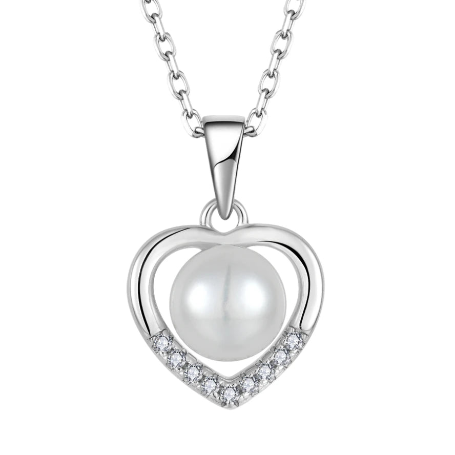Timeless Women's Bridal Jewelry Gift Sterling Silver Heart Pearl Pendant Necklace with Zircon Accents
