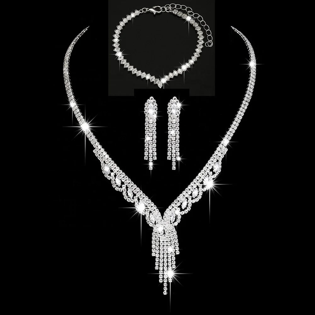 DAIHE Set-3372 Zircon Earrings Studs Necklace Bracelet Three-piece Wedding Head Set