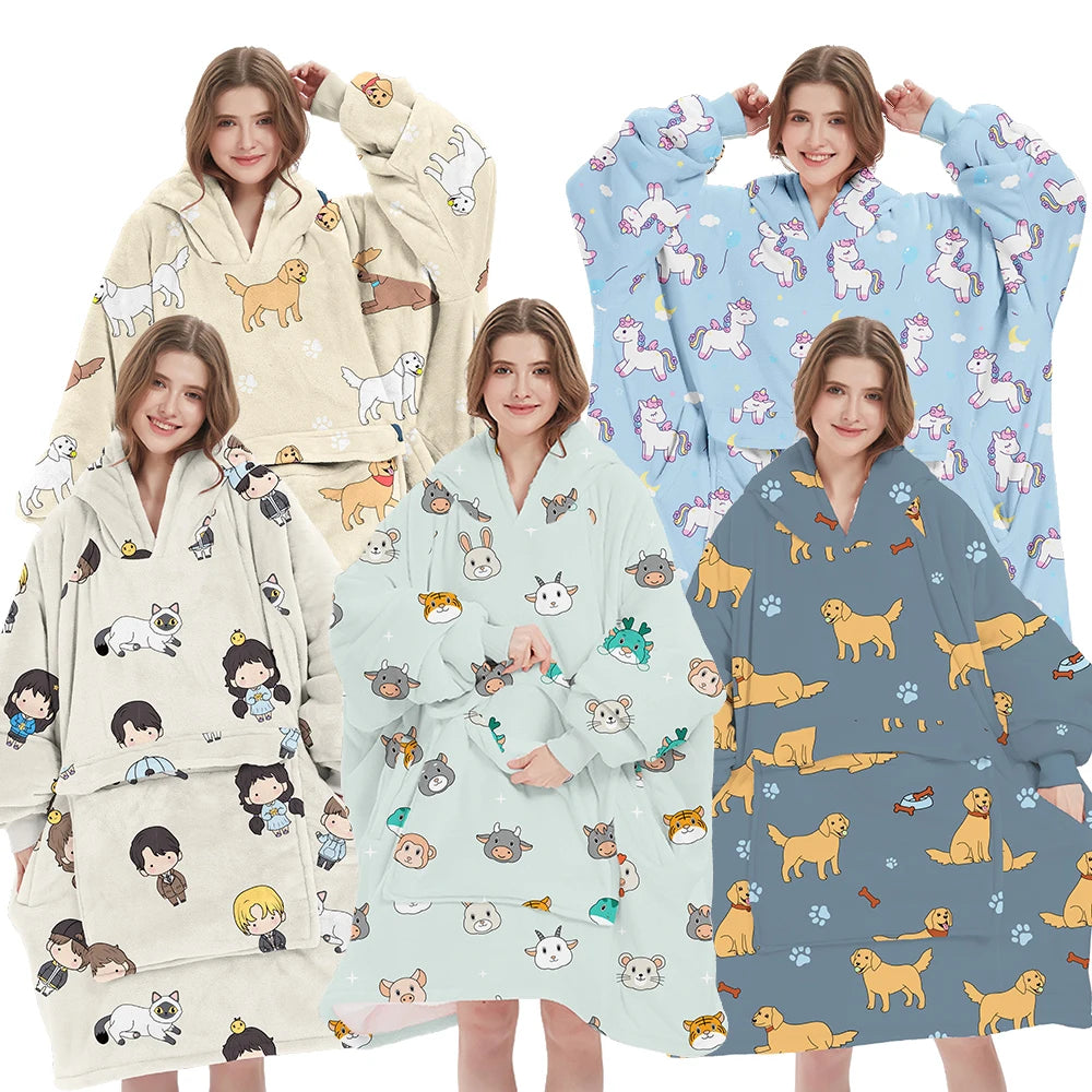 New Hooded Warm Kids Printed Flannel Blanket Hoodie Children's Wearable Blanket Oversized Hoodie Blanket