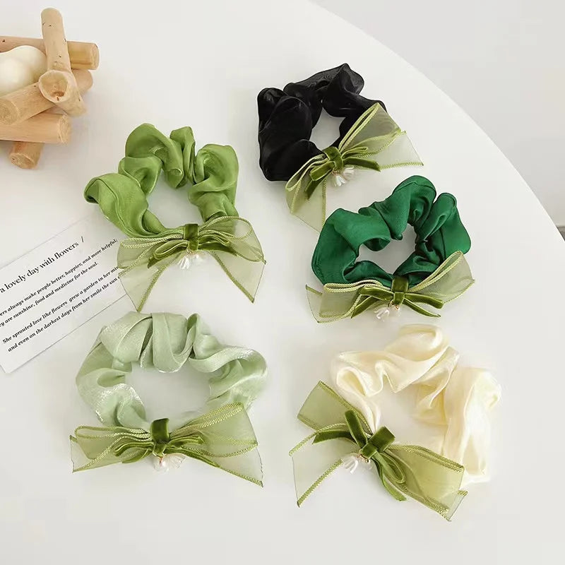 Summer New Design 18cm Big Size Little Fresh French Lace Bow Hair Scrunchies Green Series Fashion Sweet Girls Hair Accessories