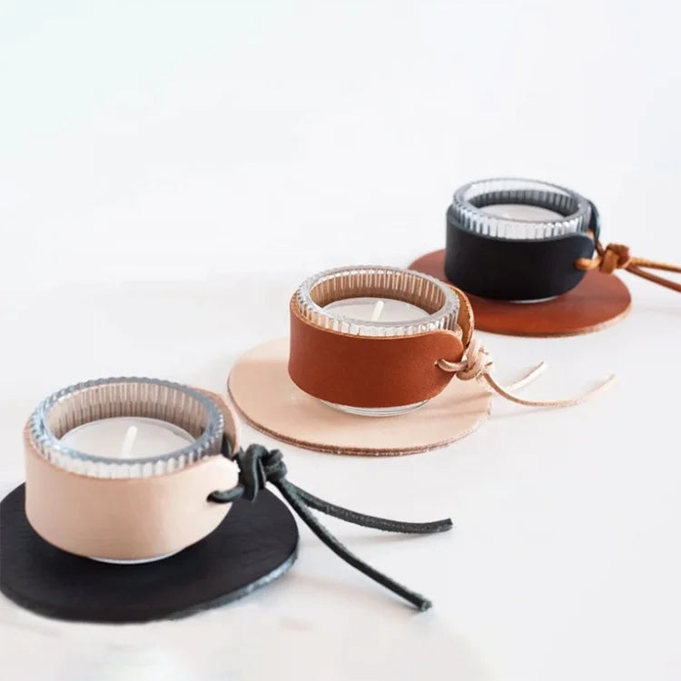Home Decorate Leather Candle Sleeve Mini Leather Candle Jar Holder With Logo