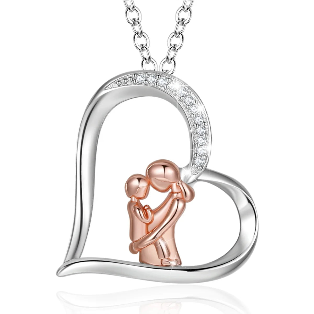 Isunni S925 Sterling Silver Plating Rose Gold Mom and Son Heart Necklace for Mother