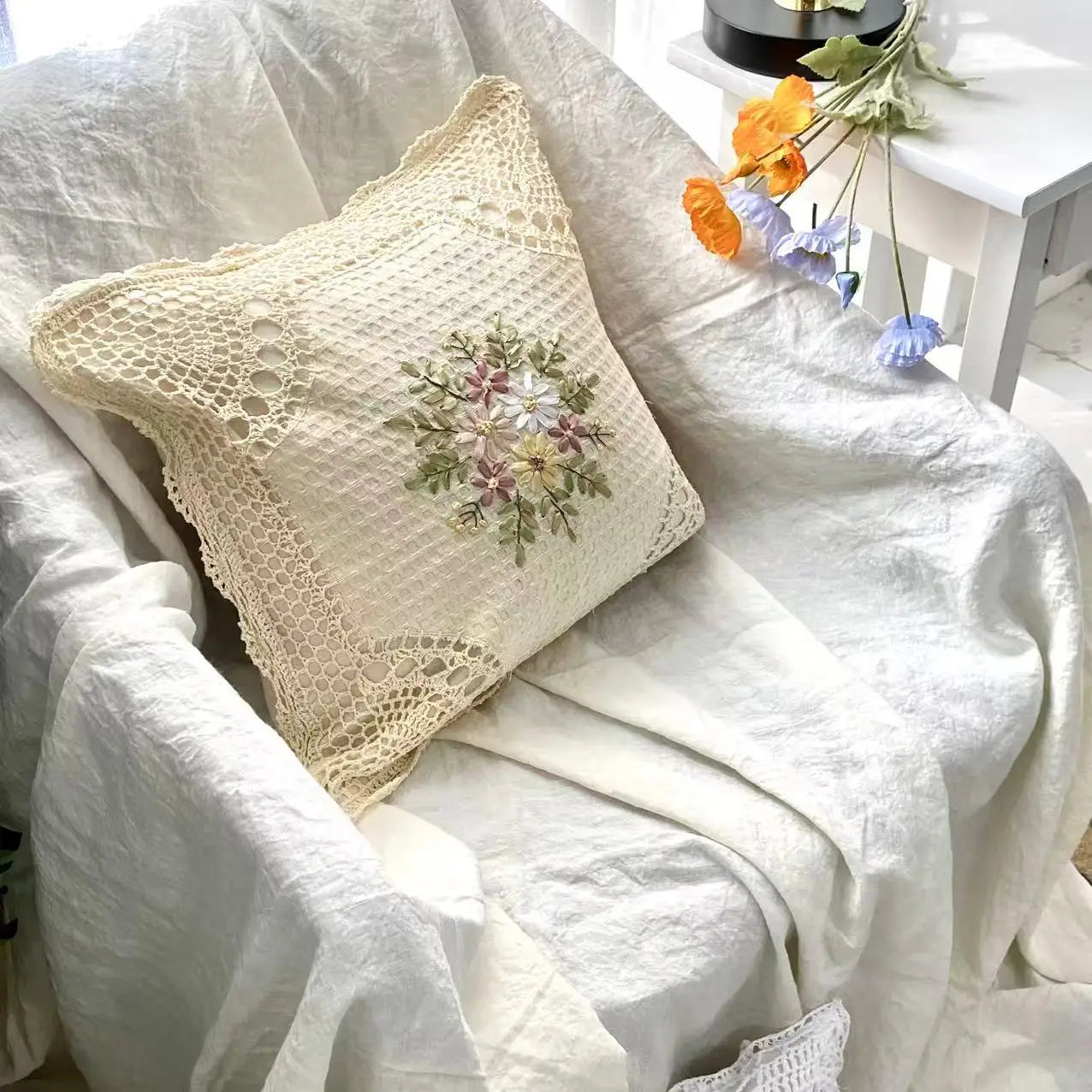 Silk Ribbon Embroidery Cotton Crochet Pillow Cover Handmade Decorative Cushion Case