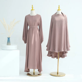 2024 Muslim EID Dubai Abaya Plain Design 2 Piece Khimar Hijab Middle East Turkey Cuff Jilbab
