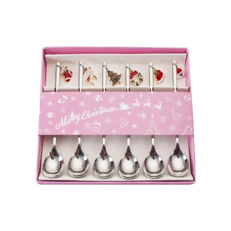 Custom Metal Gold Merry Christmas Spoon Silver Stainless Steel Decorate Christmas Coffee Spoon Gift Set