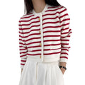 Wholesale 2026 Autumn Sweet Versatile Round Neck Single Breasted Stripe Contrast Short Loose Long Sleeve Women's Sweater