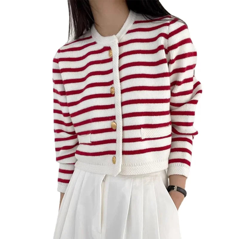 Wholesale 2026 Autumn Sweet Versatile Round Neck Single Breasted Stripe Contrast Short Loose Long Sleeve Women's Sweater