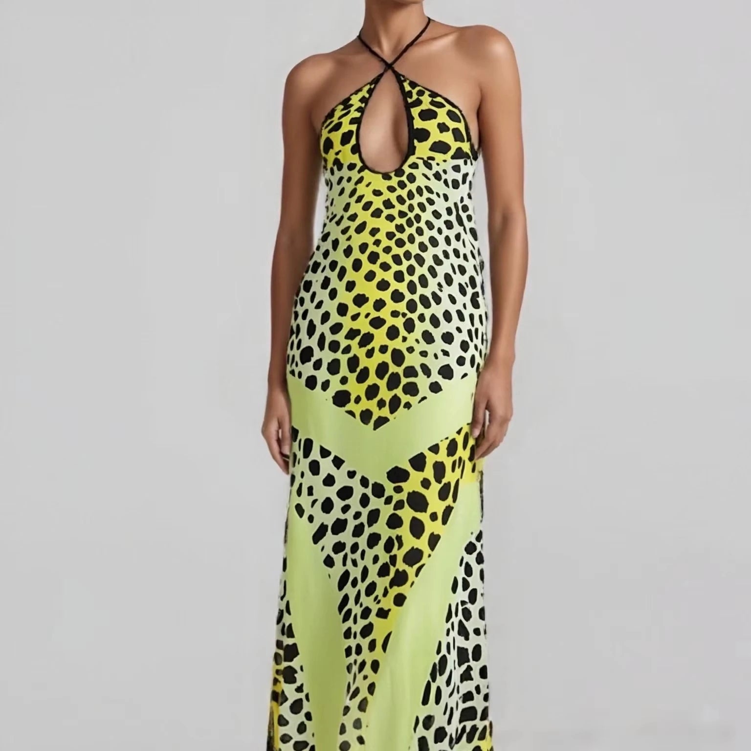 New Fashion Halter Neck V Neck Open Back Leopard Print Sleeveless Sexy Long Dresses for Women