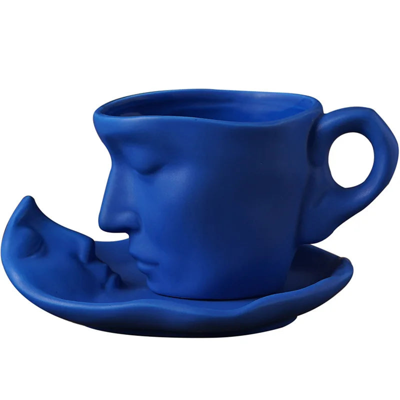 Madou 260ml Ceramic Coffee Cup Saucer Set Creative Abstract Art Face Kiss Design Cute Afternoon Tea Cup Spoon Gift Box Included