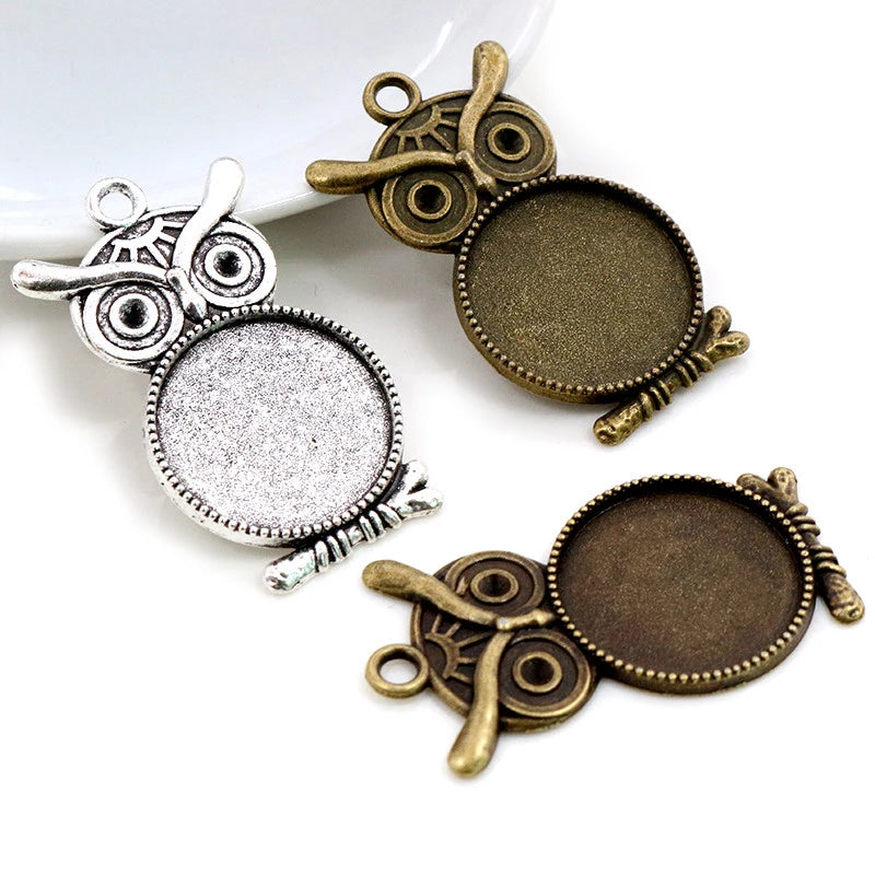 20mm Inner Size Antique Silver Plated Gold Owl Style Cabochon Base Setting Charms Pendant Blank Bezel Trays