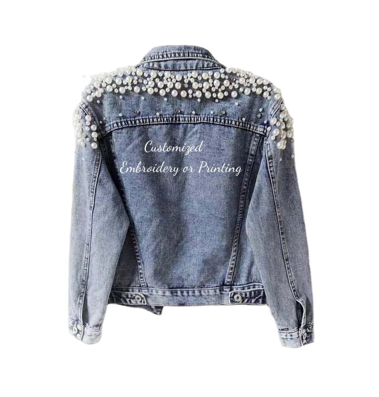 Customized Print Embroidery LOGO  Studded Rivet Pearl Women Denim Jacket Long Sleeve Fashion Jacket Big Pearl Denim Jacket