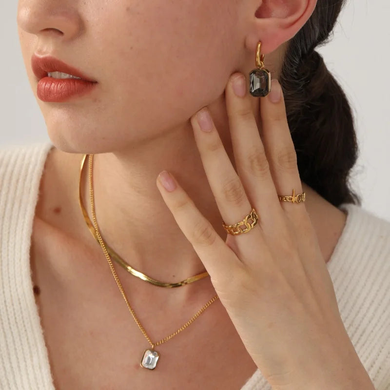 Vintage 18k Gold Plated Stainless Steel Necklace Earrings Ring Set Rectangle Cubic Zirconia Cz Necklace Jewelry Set