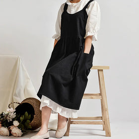 Japanese Cotton Garden Apron for Women Cross Back Aprons With Pockets for Gardening Cleaning Black Without Waist Ties
