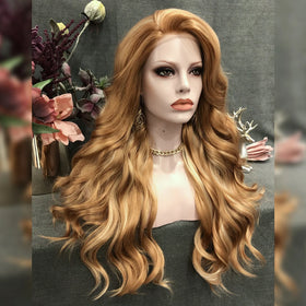 Celebrity 26inch Long Style Brown Blond Color Synthetic Hair Wigs Matte Heat Resistant Fiber Same Human Hair Lace Front Wig