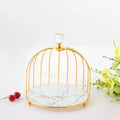 Unique Design Dessert Stand Gold Handle Dessert 2 Tier Marble Stone Stand Decorations Birdcage Shape Marble Cake Stand