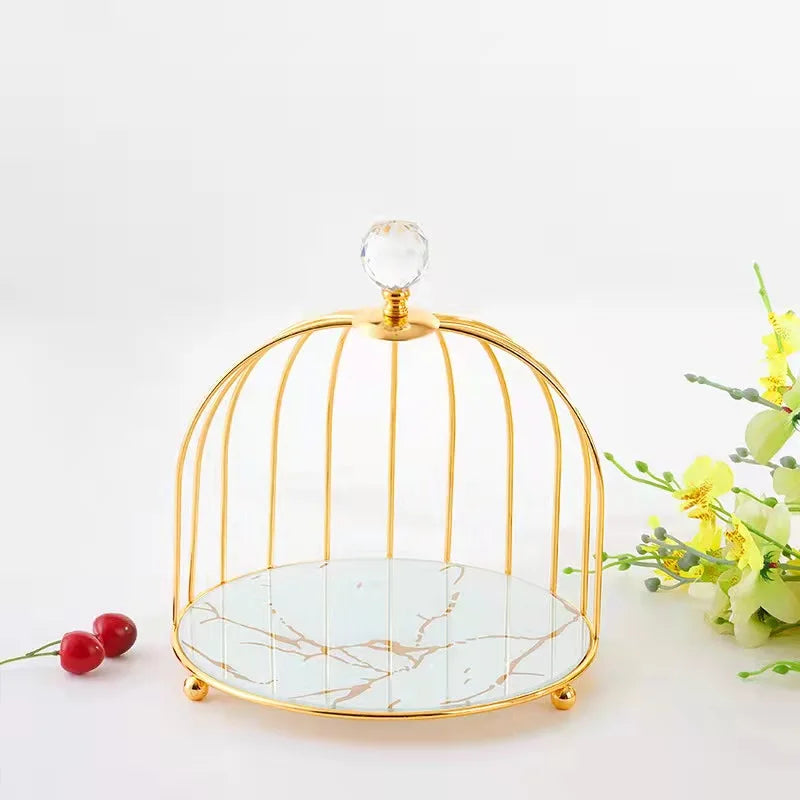 Unique Design Dessert Stand Gold Handle Dessert 2 Tier Marble Stone Stand Decorations Birdcage Shape Marble Cake Stand
