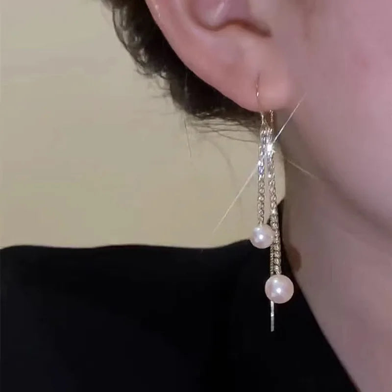 SC 2024 US Fashion Elegant Long Ear Line Sparkle Zircon Pearl Fringe Earrings S925 Silver Needle Stud Earrings Gifts for Women