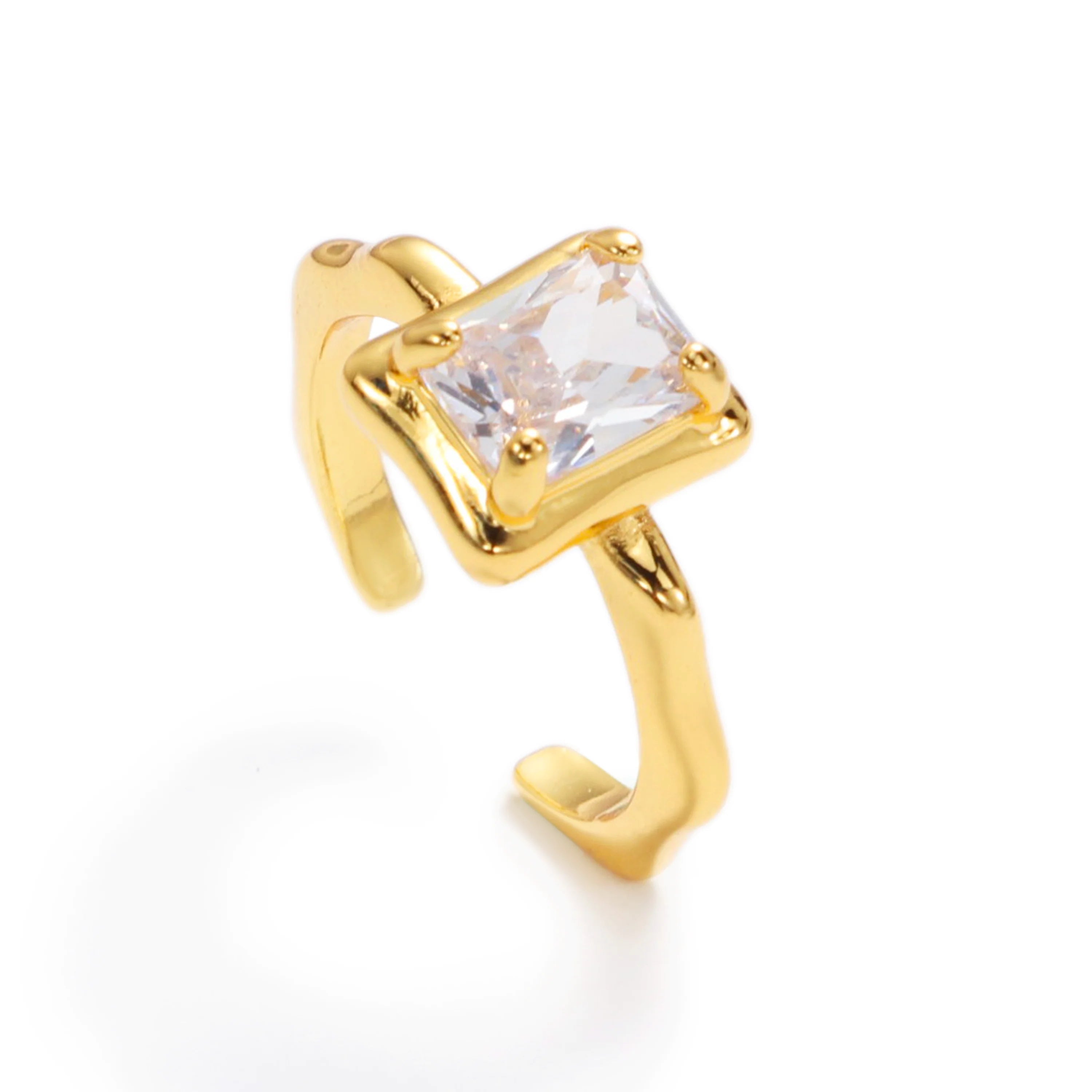 Chris April Low MOQ Brass PVD Gold Plating 5A Zircon Four Claw Setting Bamboo Shape Organic Finger Ring