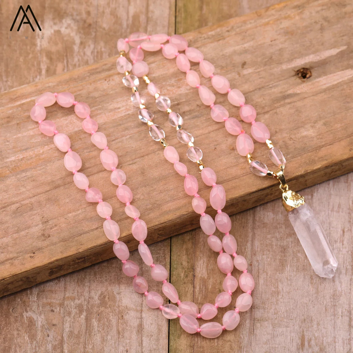 Women's Natural Rose Quartz Healing Crystal Pendant Mala Beads Necklace Gold Plated for Yoga Party Jewelry and Fashion Gifts