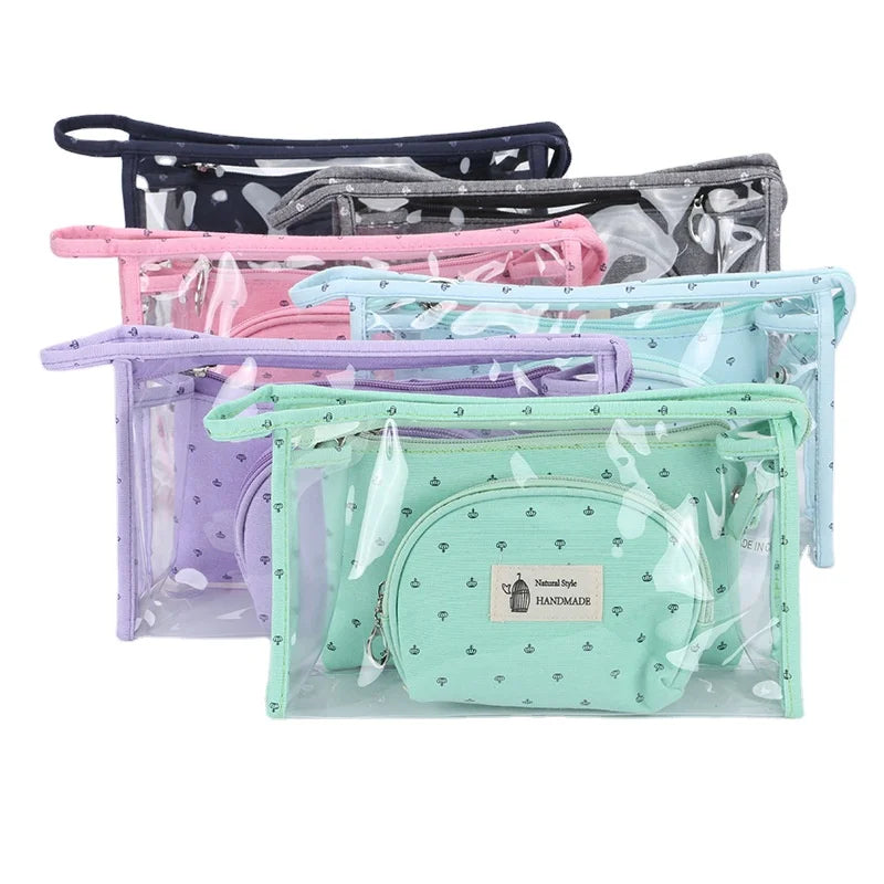 Wholesale Stock Transparent Pvc Cosmetic Bag Three-piece Portable Traveling Washbag with Custom logo