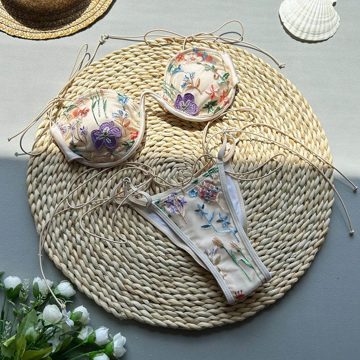Women's Floral Bikini Set Frill Trim Mature Thong Swimsuit