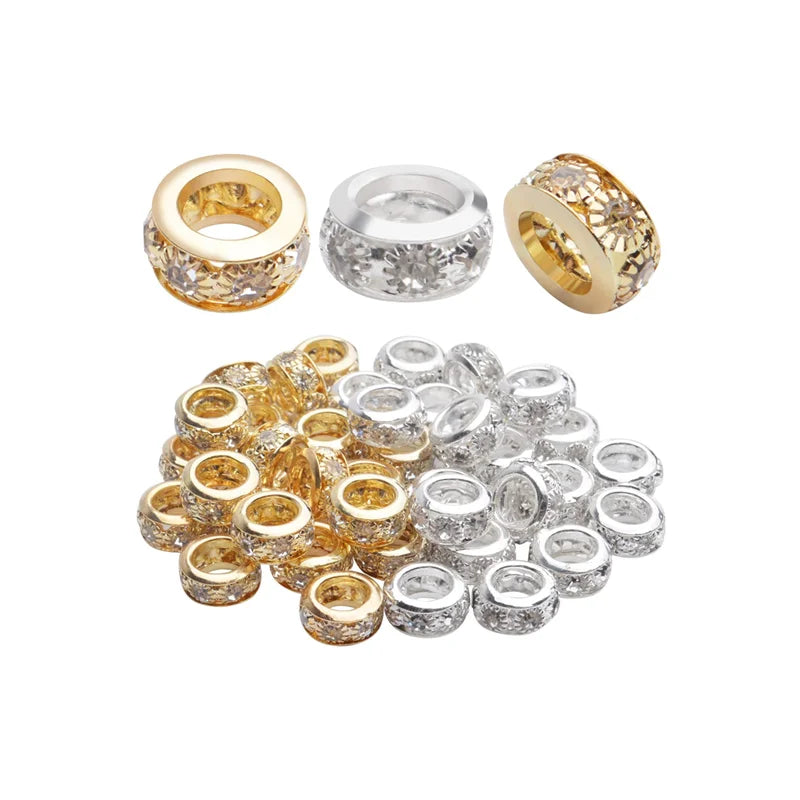 Rhinestone Spacer Beads Brass Large Hole Beads Round Rondelle Loose Charm Beads for Snake Chain Bracelet Necklace Jewelry Making