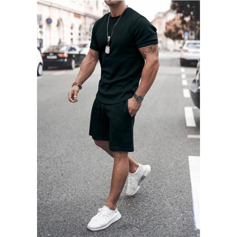 L1226 Custom LOGO Men's Tracksuit 2 Piece Set Summer Solid Sport Suit Short Sleeve T Shirt and Shorts Jogging Set Streetwear