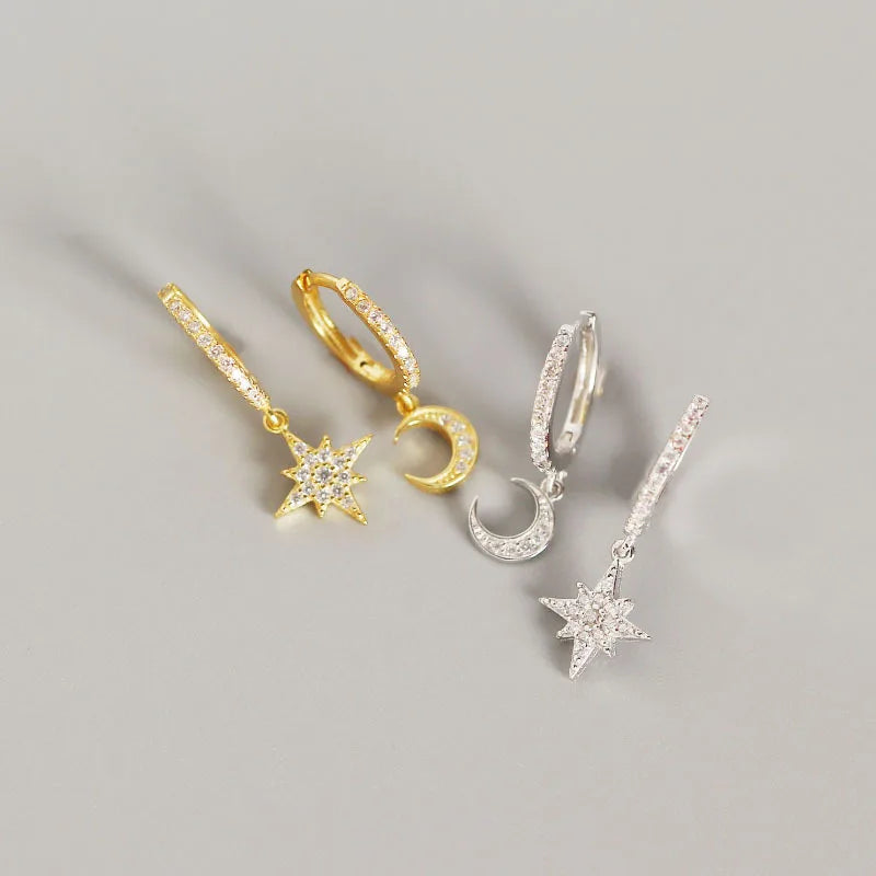 Luxury INS Fashion Pure 925 Sterling Silver CZ Zircon Asymmetrical Moon and Star Shape Hoop Earrings for Women Girls Jewelry