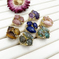 Fashion Lady Jewelry Gemstone Crystal Labradorite Ring Natural Faceted Stone Amethyst Rose Quartz tiger Eye Ring Pave Rhinestone