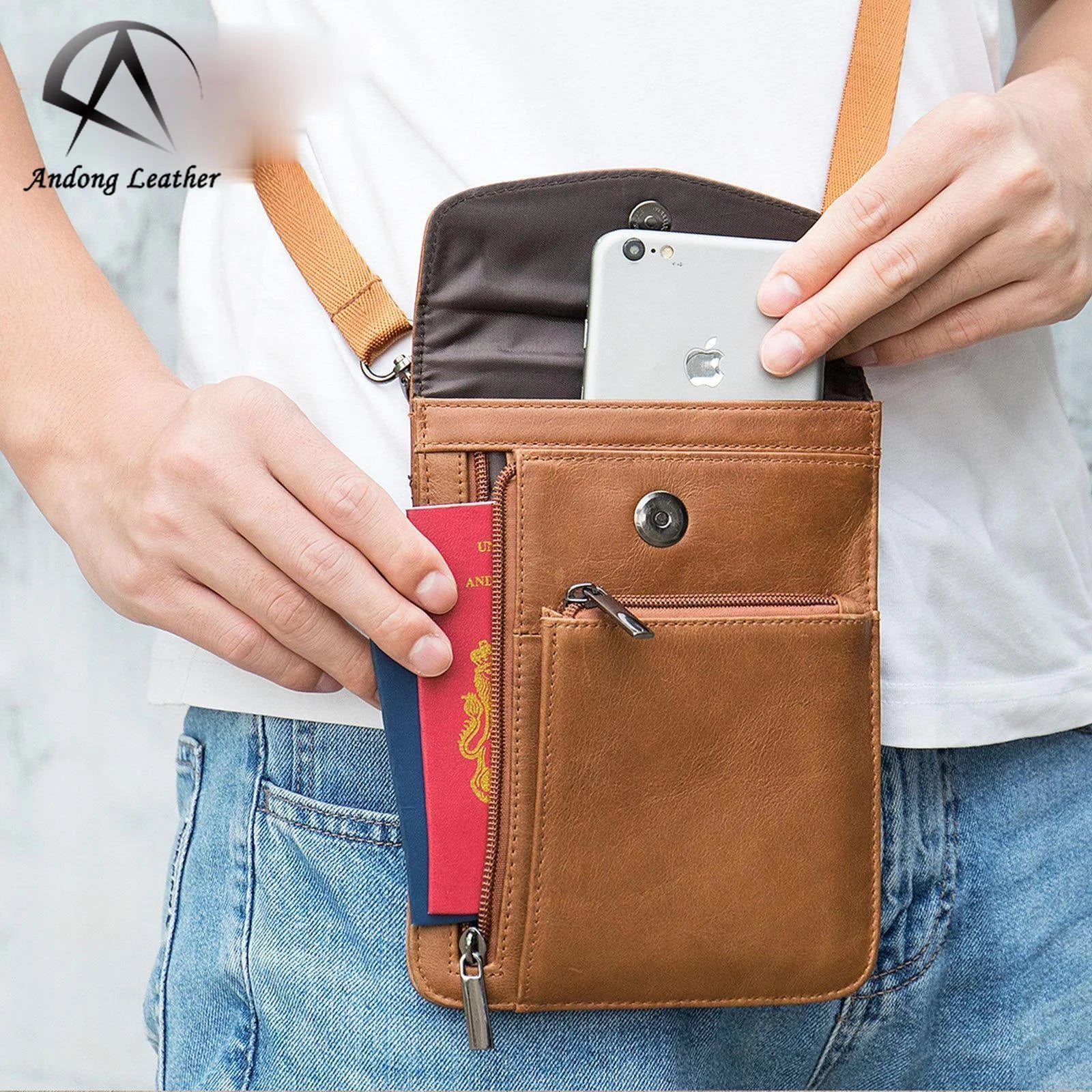 Andong Leather New Sling Shoulder Bag for Men Genuine Cow Leather Business Casual Crossbody Large Capacity Phone Bag