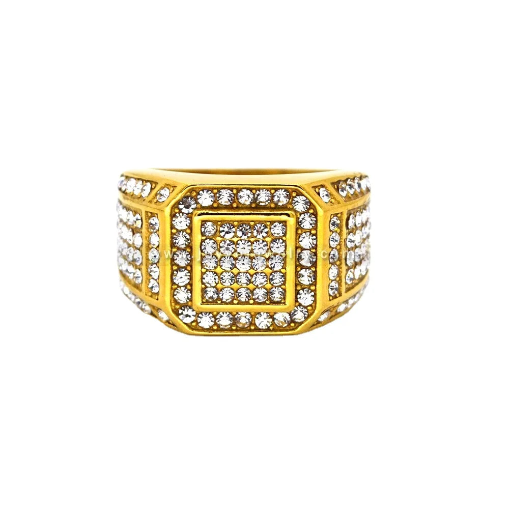 Hip Hop Stainless Steel Cubic Zirconia Biker Ring Gold Plated Jewelry Micro Inlay Bling Crystal Diamond Ring 316L Steel for Men