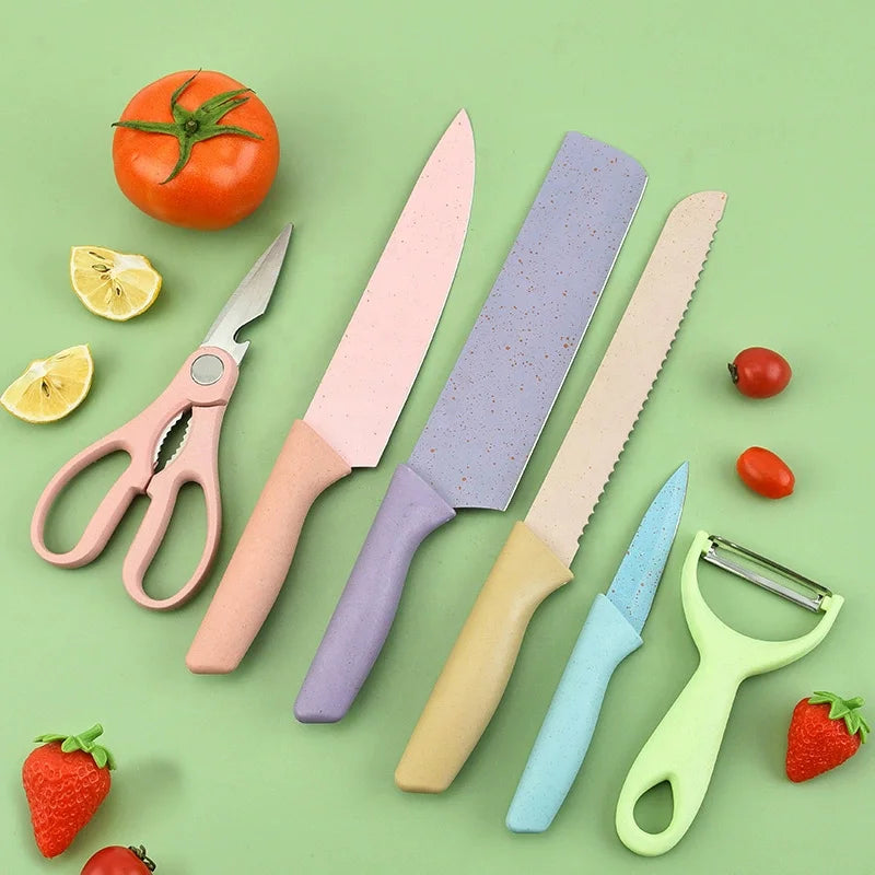 Factory Low Price Wholesale 6Pcs Colorful Wheat Straw Kitchen Knife Set With Color Box Custom LOGO