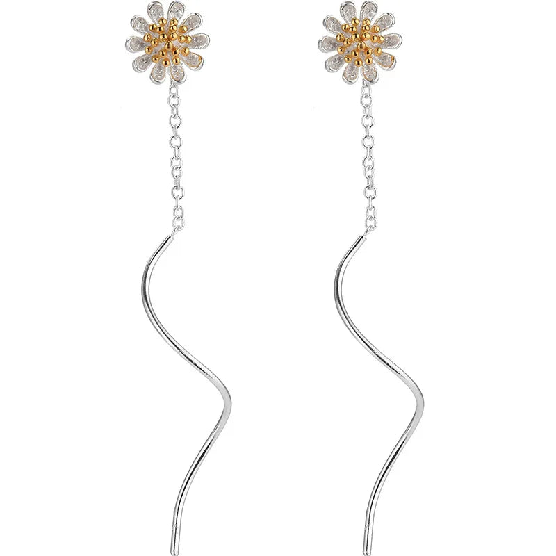2021 New Arrivales Trendy Simple Silver Long Sunflower Earrings Hot Fashion Summer Earrings Best Gift