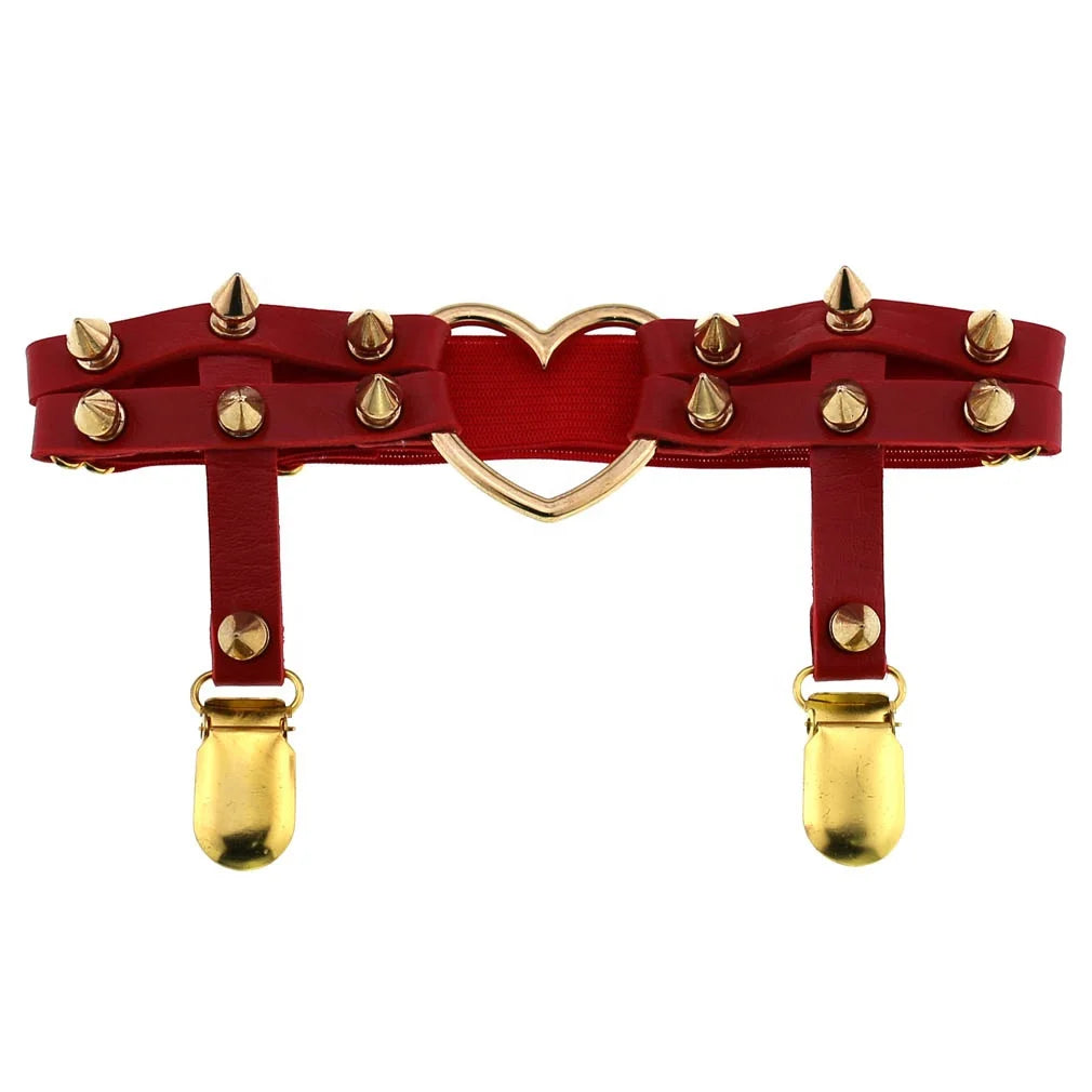 Sexy Studded Gold Heart Rivet Leather Garter Belt Punk Goth Harajuku Handmade Leg Ring Fashion Accessory Ankle Chain