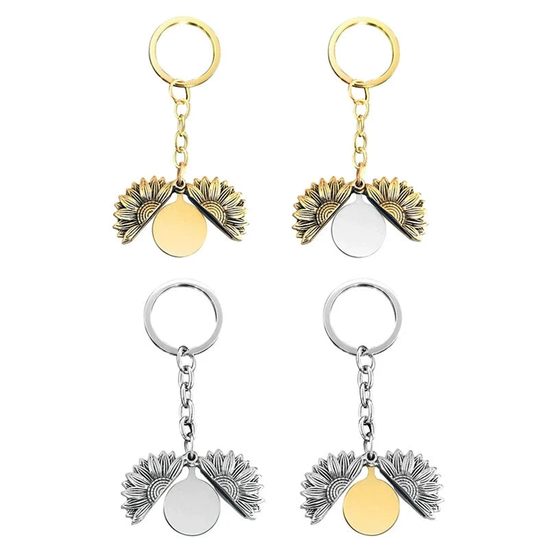 Sunflower Open Locket with Secret Letter Disc Pendant Keychain Personalized Engraved Keyring Custom Engraving Locket Key Chain