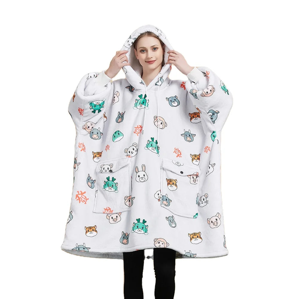 In Stock One Size Fits All Soft Cozy Adult Hooded TV Blanket Oversized Hoodie Wearable Blanket Fleece Poncho