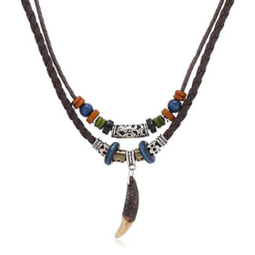 New Personality Vintage Ethnic Style Dog Tooth Pendant Beads Statement Multi-Layer Leather Rope Men's Necklace
