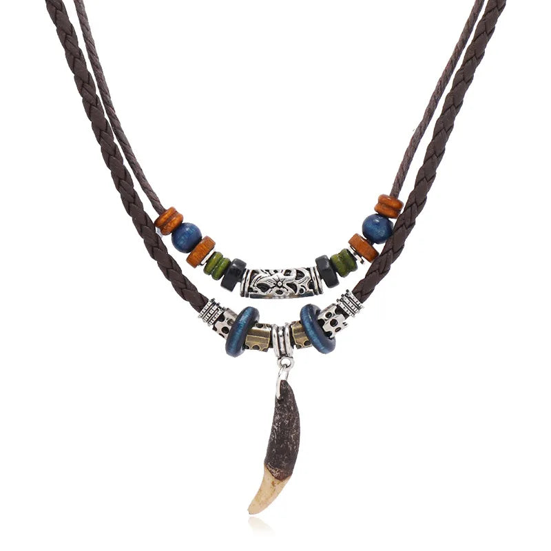 New Personality Vintage Ethnic Style Dog Tooth Pendant Beads Statement Multi-Layer Leather Rope Men's Necklace