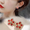 2022 Christmas Gifts Earrings 2cm Red Flower Zircon Full Diamond Earrings Red Water Drop Silver Needle Earrings