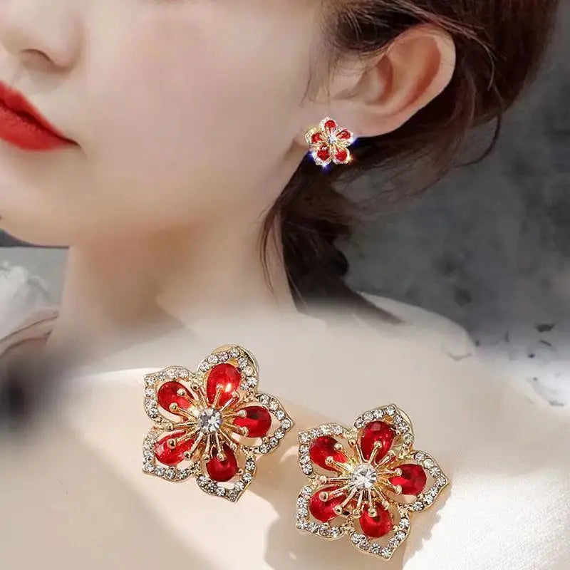 2022 Christmas Gifts Earrings 2cm Red Flower Zircon Full Diamond Earrings Red Water Drop Silver Needle Earrings