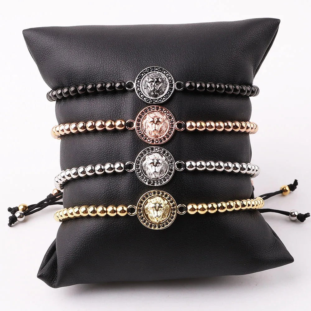New Cute Design Stainless Steel Beads CZ Lion Head Charm Adjustable Bracelet Women Men JBS12503