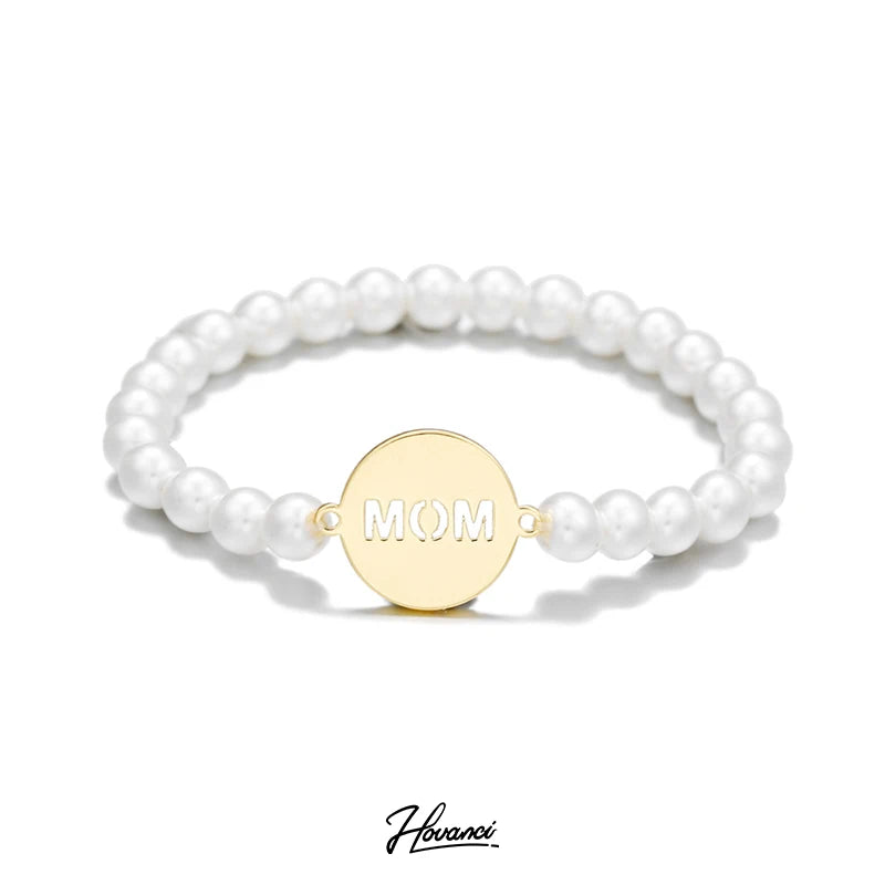 HOVANCI Dainty Wholesale Stretch Fresh Water Pearl Bracelet With Letter MOM Pendant Mother's Day Gift Bracelet