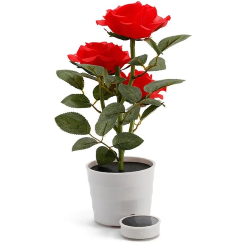 Artificial Rose Solar Light Outdoor Red Vases Garden Flowers Lamps Lighting Solar Table Plants Lantern Sparkly Dome Garden Decor