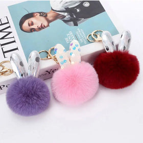 Promotion Cute Artificial Rabbit Fluffy Fur Ball Plush Keychain Key Rings Ear Pom Pom Handbag Key Chains Charms Pendant Decorate