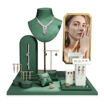 High end green PU jewelry display props set bracelet ring pendant earrings metal jewelry counter display stand